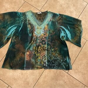 Dressbarn Blue Green Graphic 3/4 Sleeve Blouse